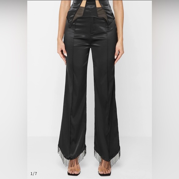Maniére de Voir - Black Satin Trousers Pants with Beaded Fringe - Picture 2 of 7